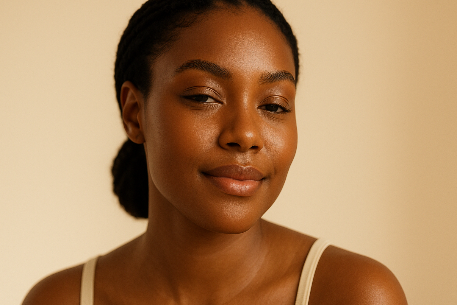 Editorial portrait of a woman with smooth healthy skin in soft natural lighting