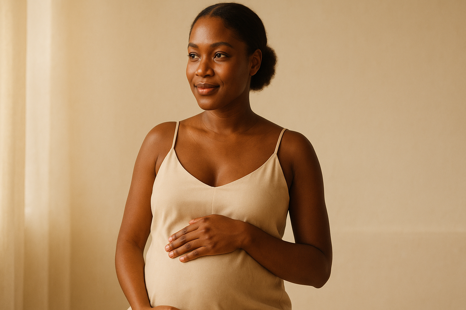 Editorial portrait of a pregnant woman with luminous skin in warm natural light, representing safe skincare during pregnancy