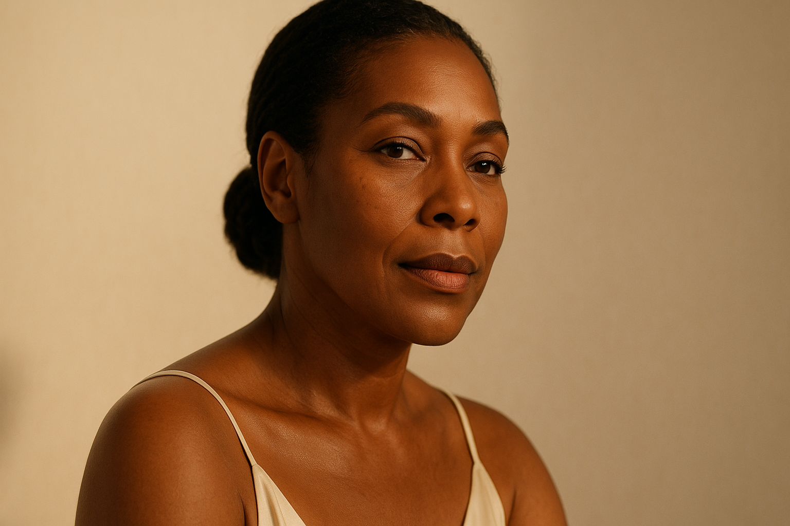 Editorial portrait of a woman with calm luminous skin in soft natural lighting