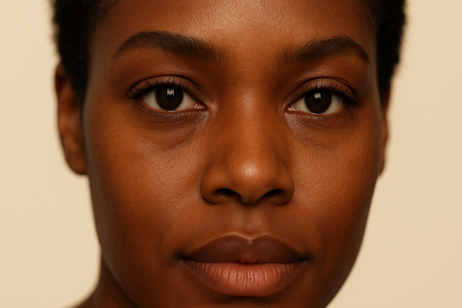 Editorial close-up of a Black woman's eyes showing the natural variation in under-eye skin tone on melanin-rich skin