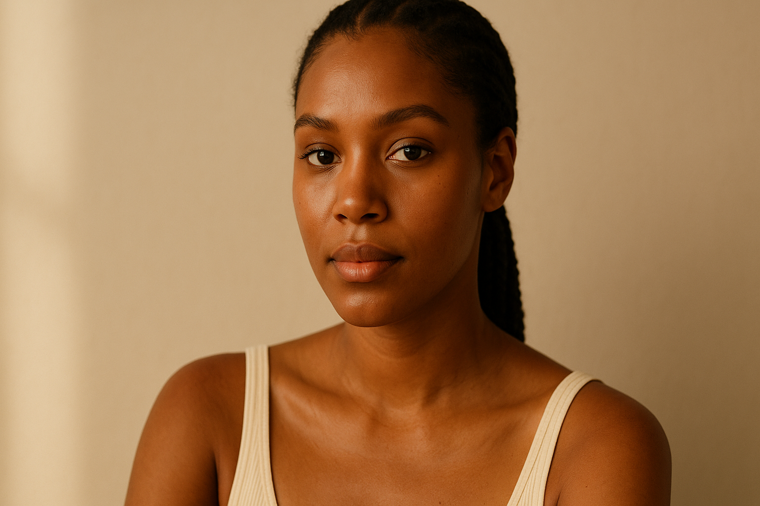 Editorial portrait of a woman with calm clear skin in soft natural lighting