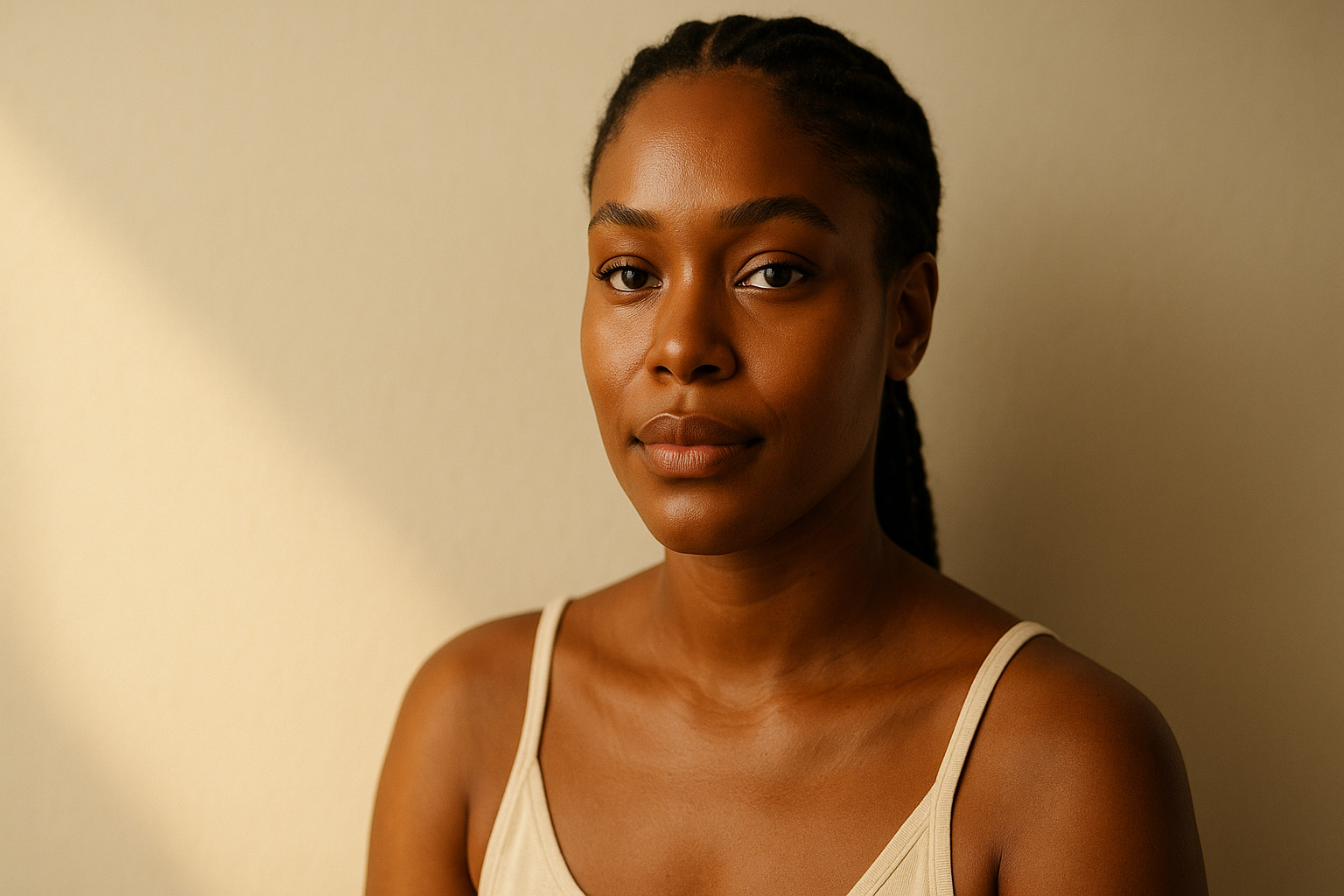 Editorial portrait of a woman with even skin tone in warm natural light