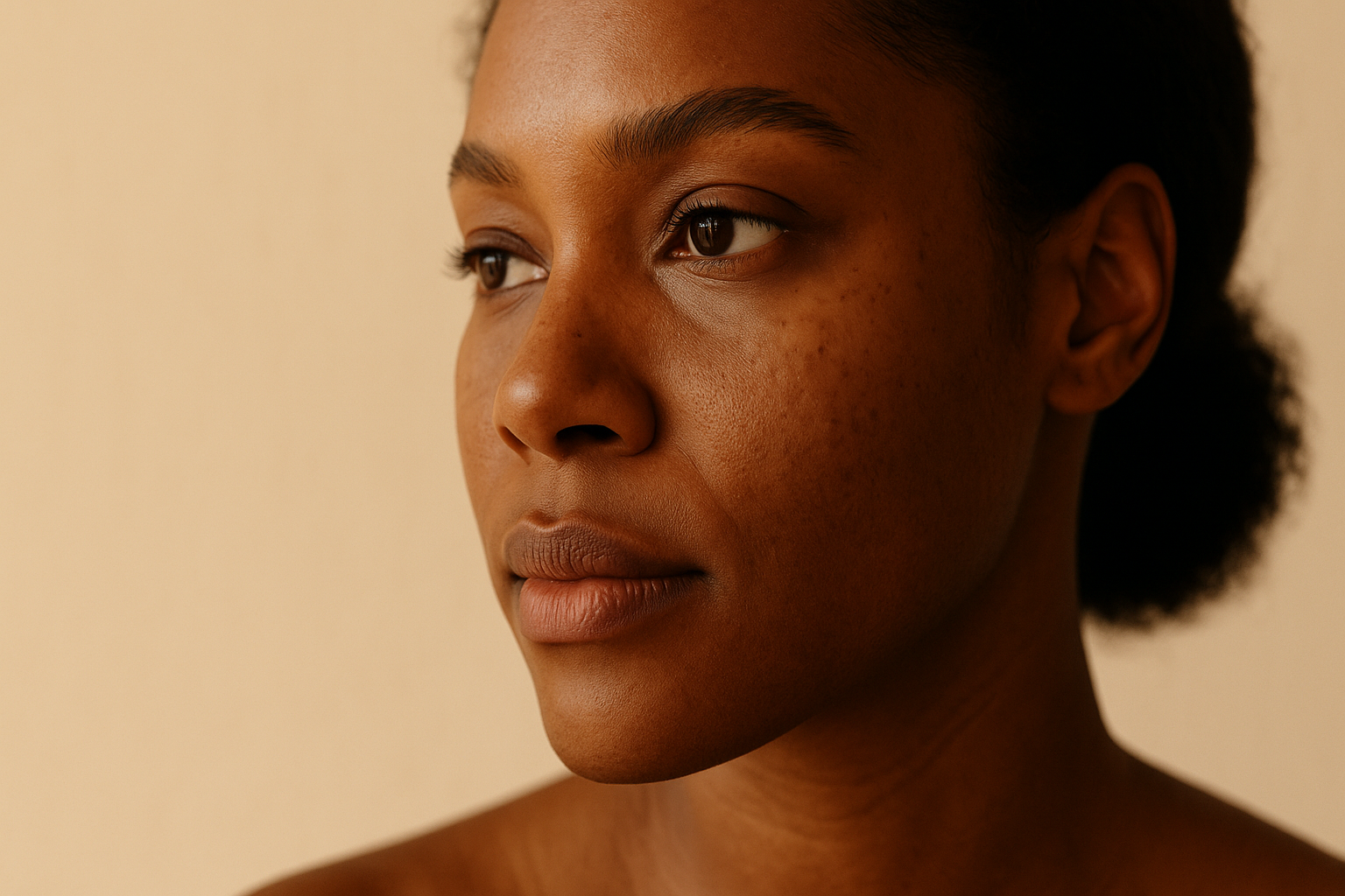 Editorial close-up of a Black woman's cheek showing the subtle difference between scattered hyperpigmentation spots and a melasma patch