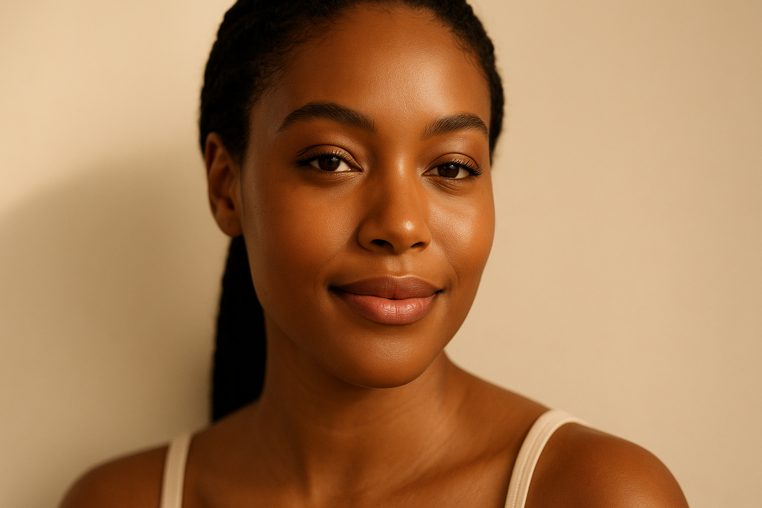 Editorial portrait of a woman with smooth luminous skin in soft natural lighting