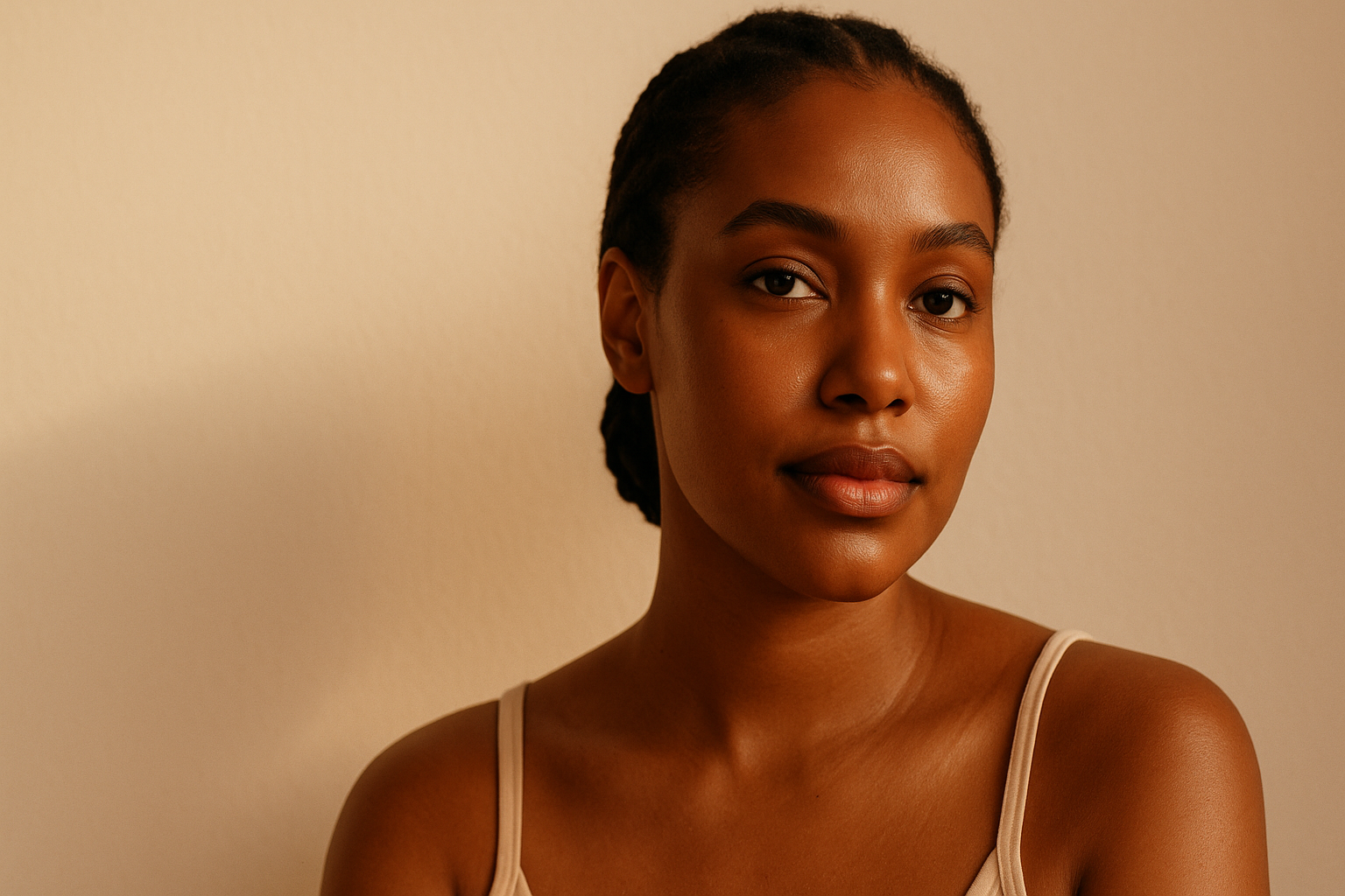 Editorial portrait of a Black woman with luminous melanin-rich skin in warm cream lighting, representing healthy skin from niacinamide use