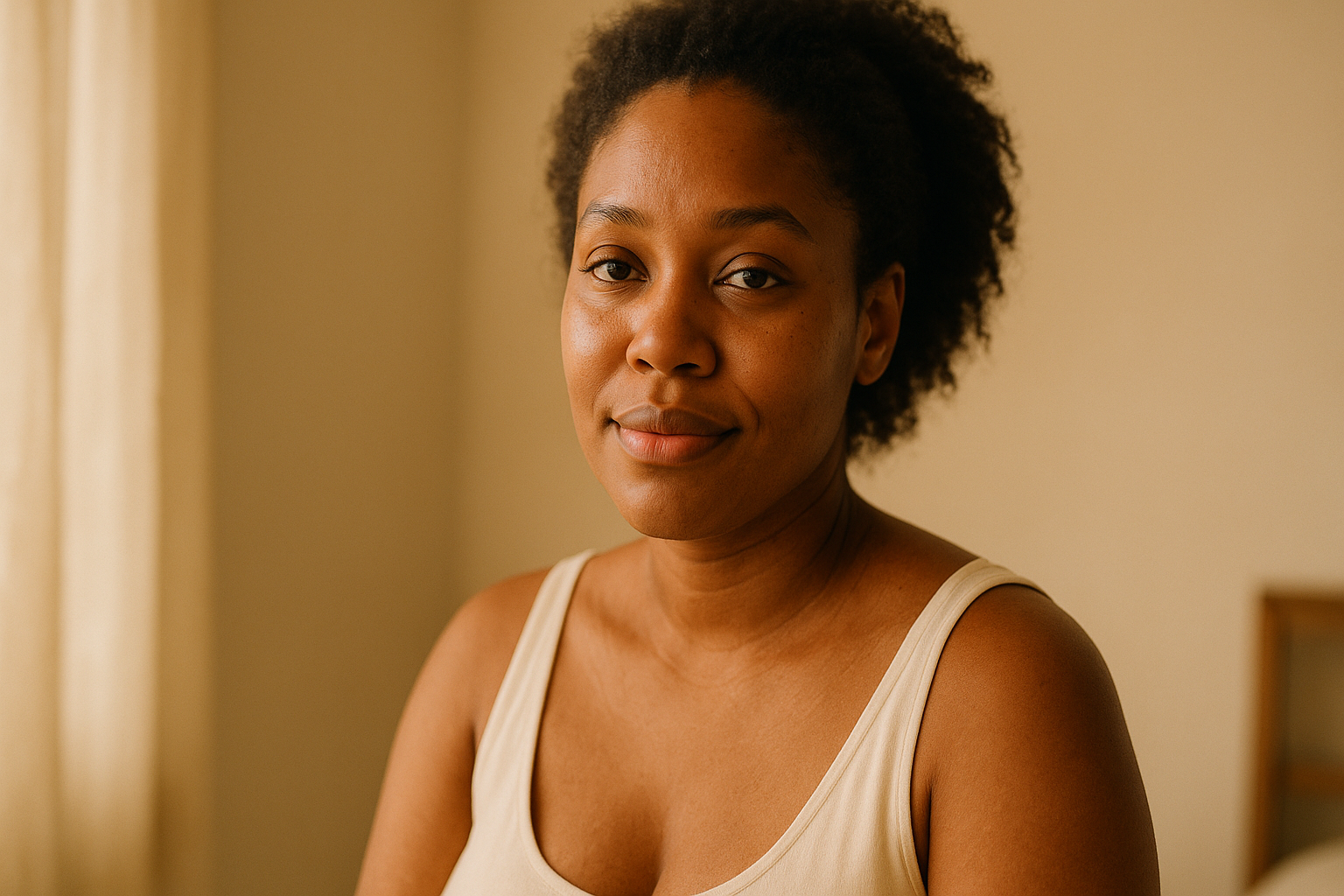 Editorial portrait of a calm woman with new-mom warmth and natural beauty in soft window light