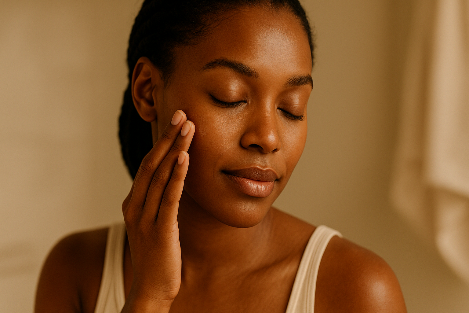 Editorial portrait of a woman applying skincare in soft natural morning light