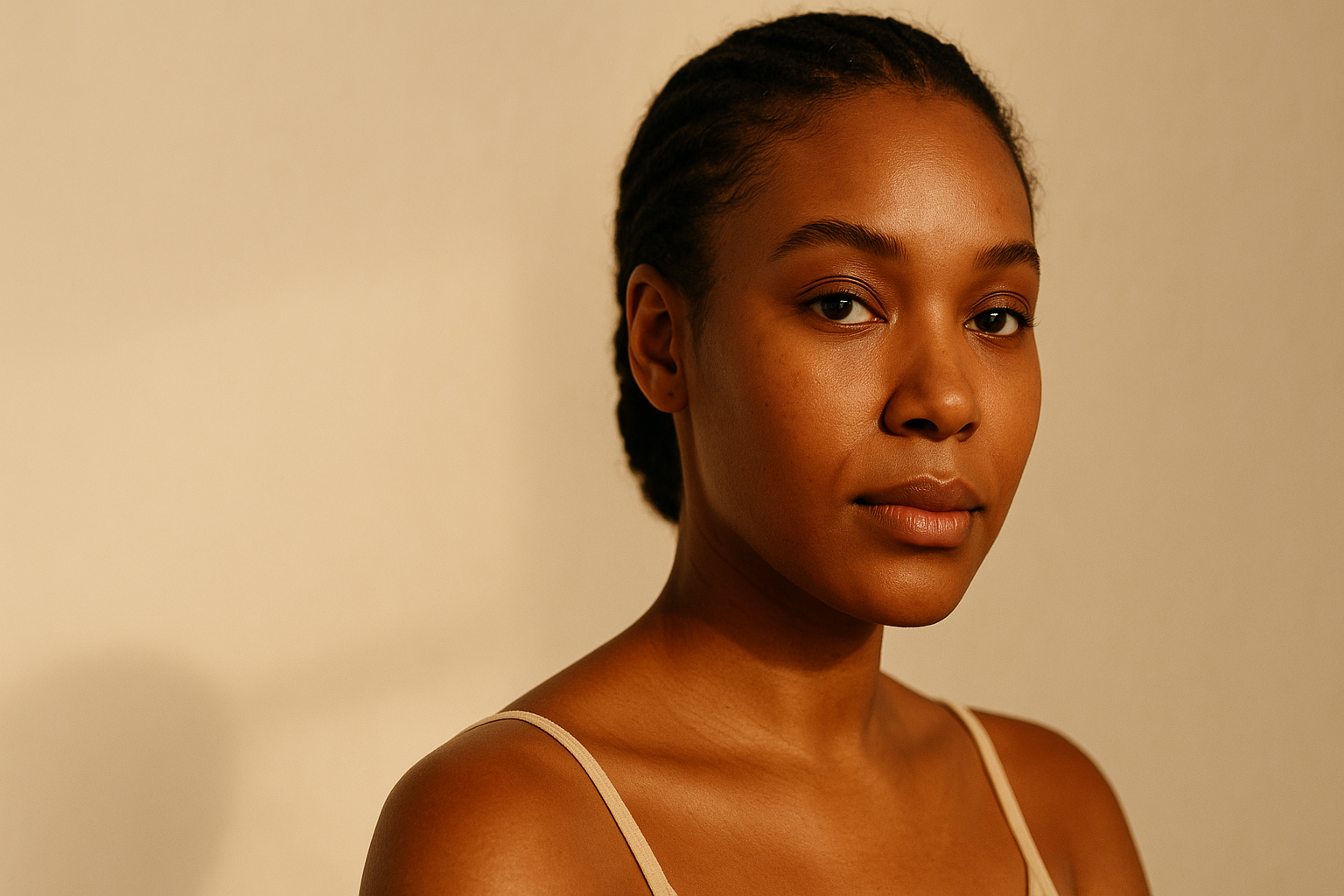 Editorial portrait of a woman in soft natural light, calm gaze, representing healthy skin from melasma treatment
