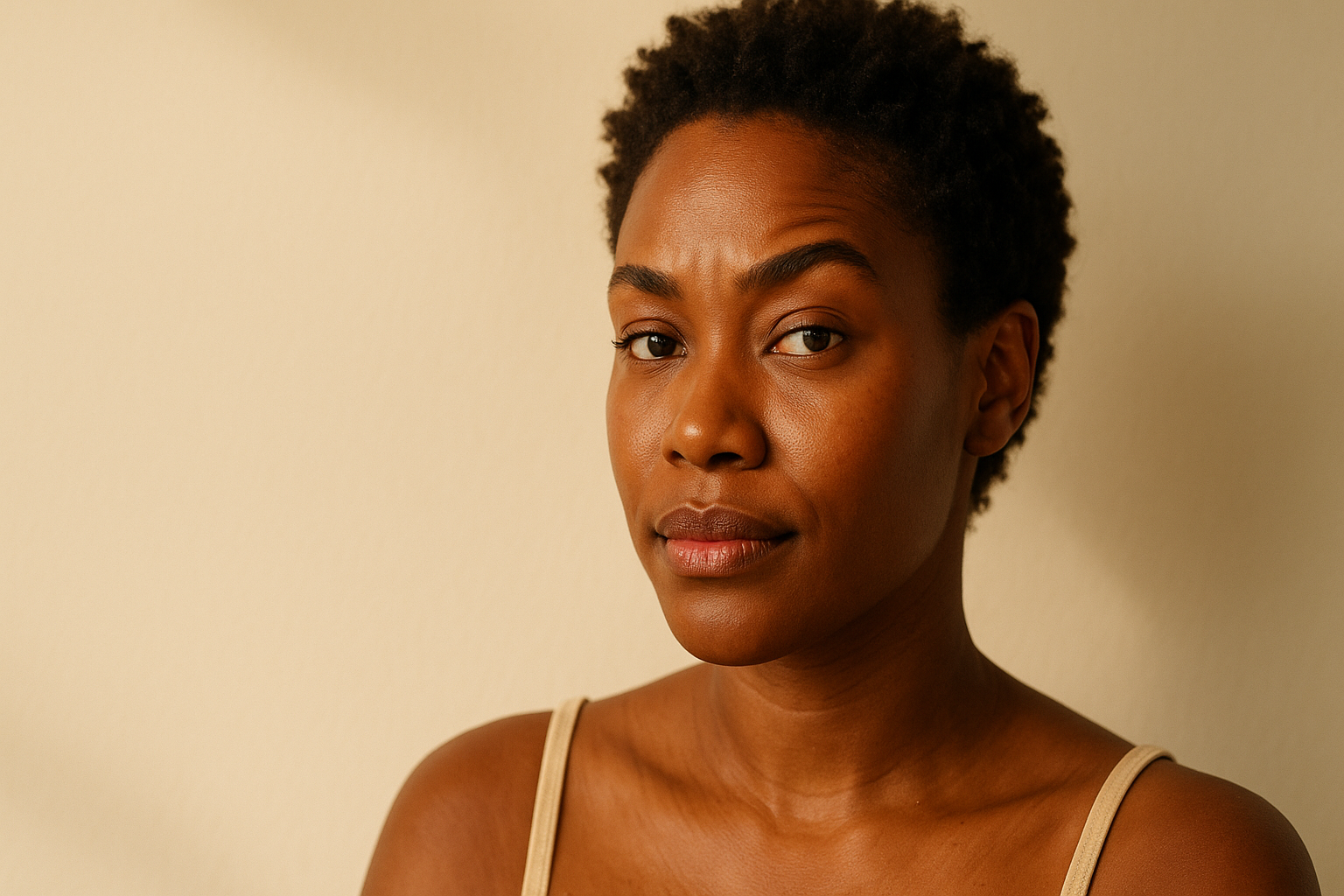 Editorial portrait of a woman with healthy clear skin in soft natural lighting