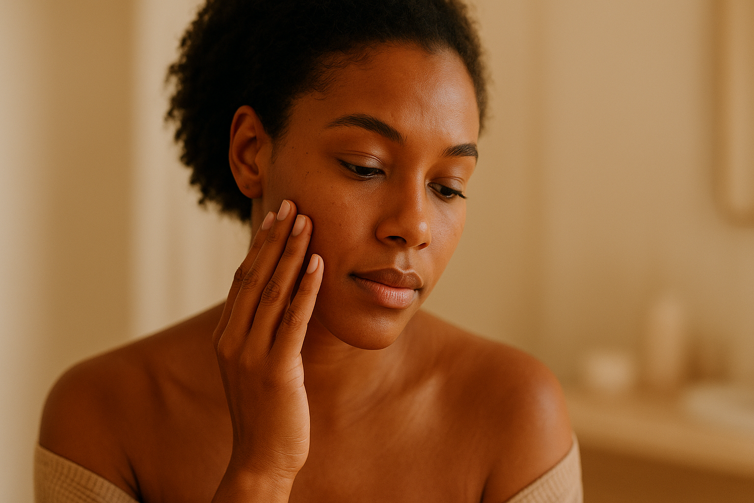 Editorial portrait of a Black woman gently examining her cheek in soft natural light