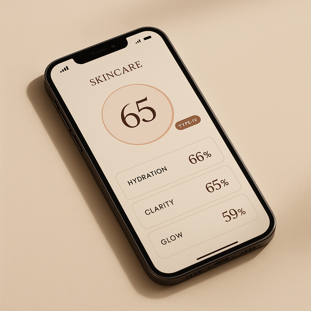 iPhone displaying a skincare app with a circular score, type badge, and hydration/clarity/glow metric cards