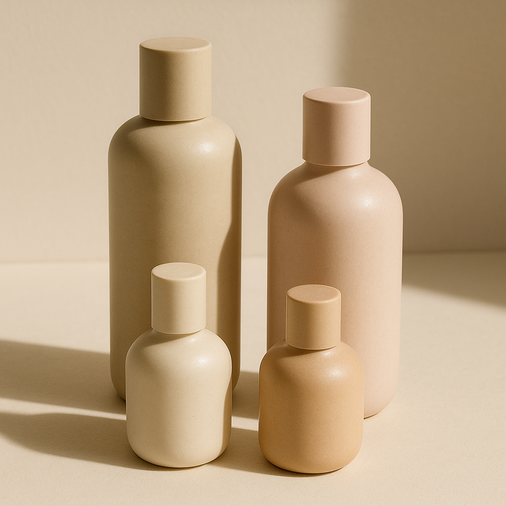 Editorial still-life of unbranded ceramic skincare bottles in cream and blush tones, representing brand-neutral product recommendations