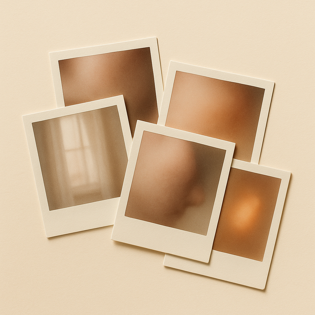 Editorial flat-lay of layered polaroid-style photos in warm tones representing skin tracked over time